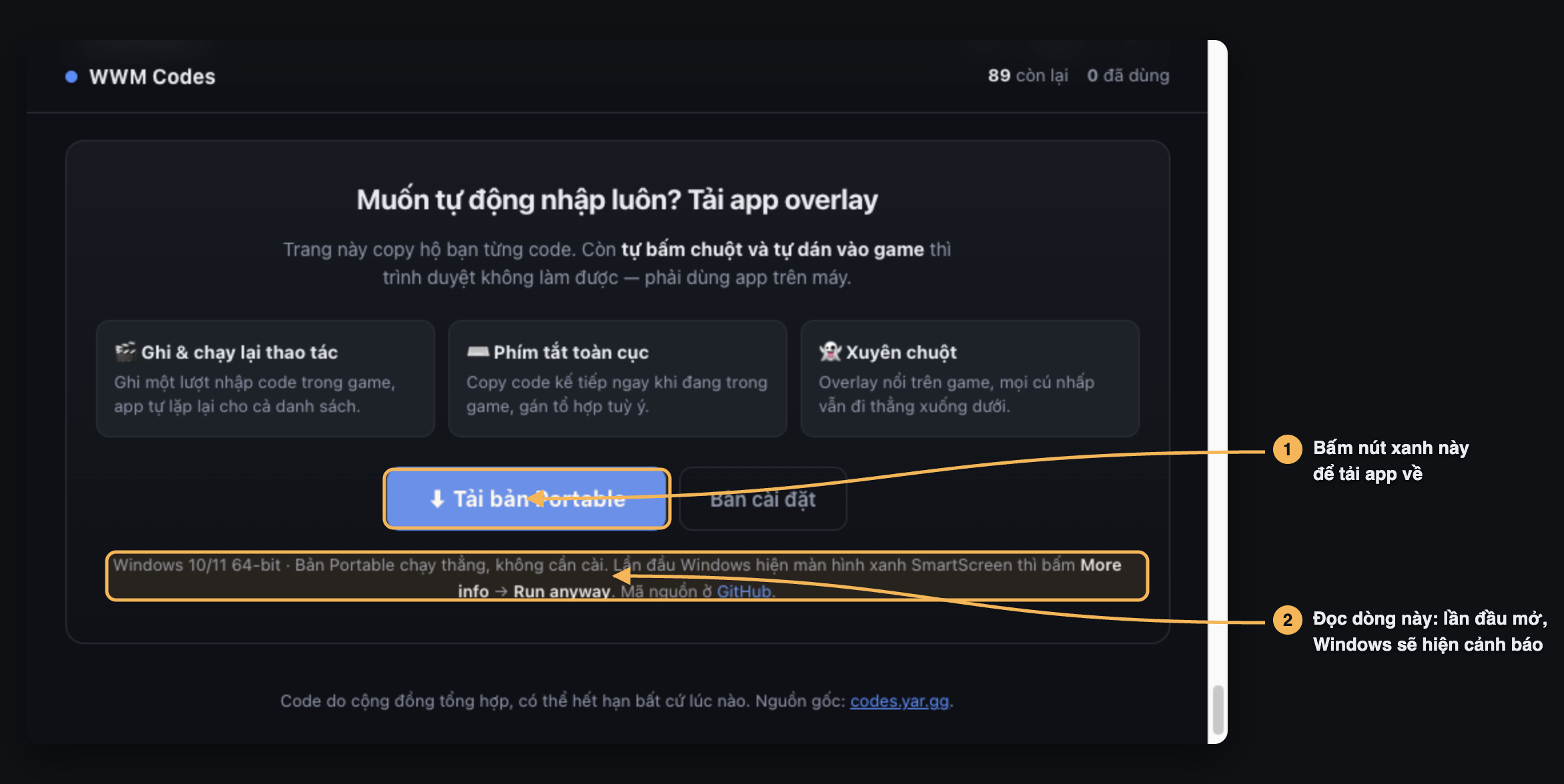 Khung tải app ở cuối trang, mũi tên chỉ vào nút Tải bản Portable